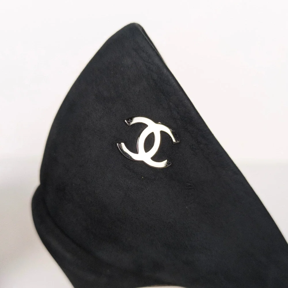 CHANEL Black Calfskin Leather Cap Toe CC Platform Pumps Women's FR 39.5 US 8.5